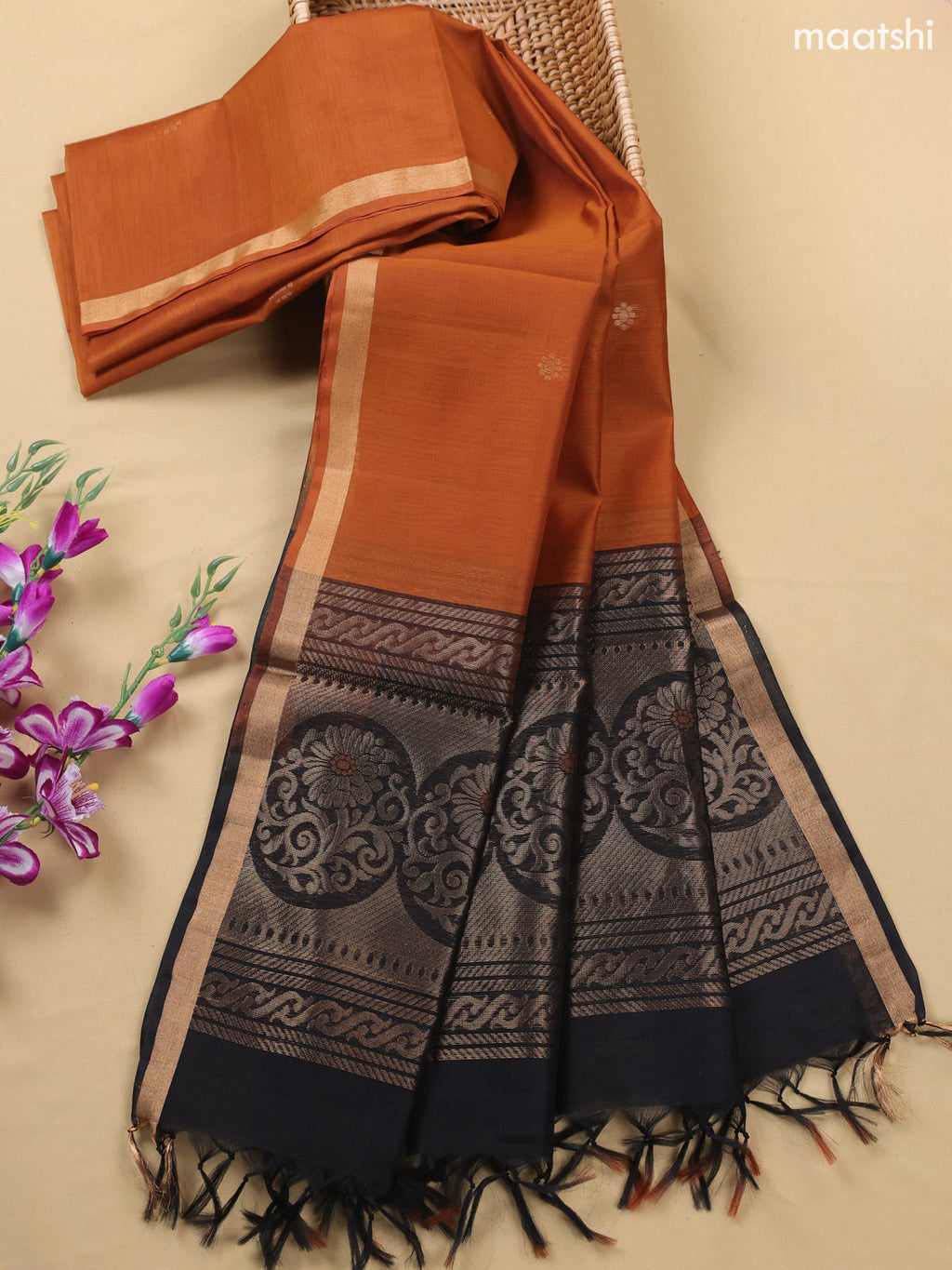 Black and Rust Kora Silk Cotton Dress Material With Zari Buttas