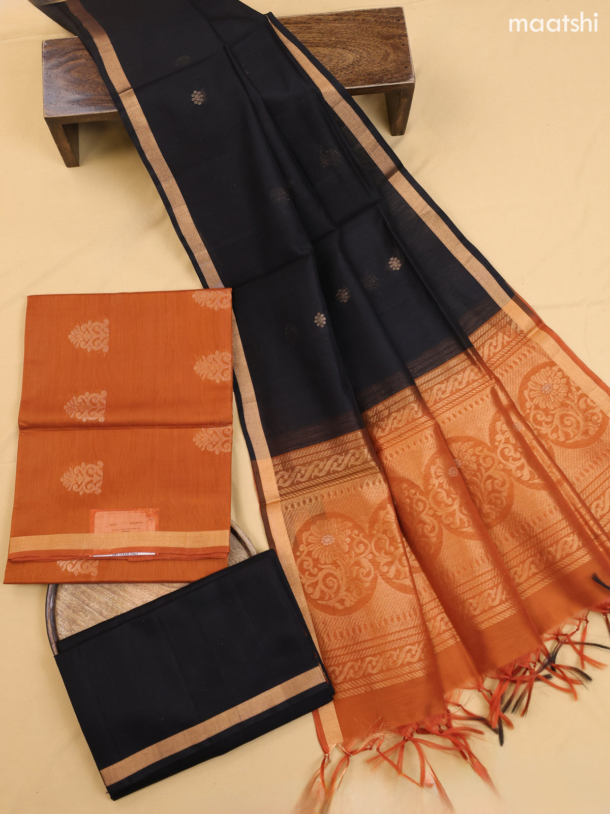 Rust and Black Kora Silk Cotton Dress Material With Zari Buttas