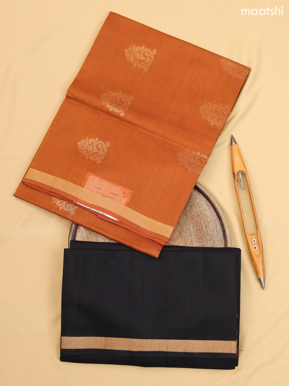 Rust and Black Kora Silk Cotton Dress Material With Zari Buttas