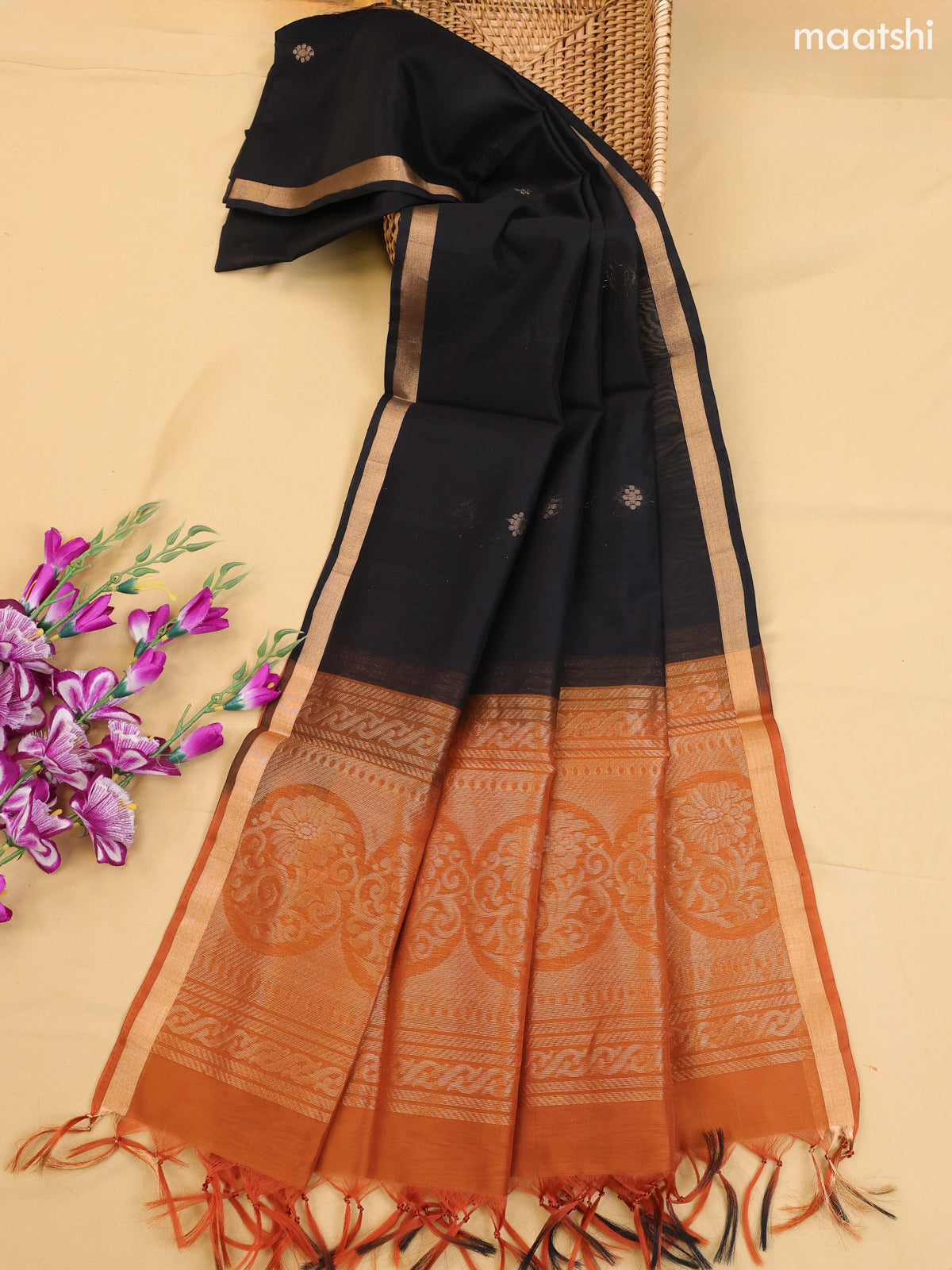 Rust and Black Kora Silk Cotton Dress Material With Zari Buttas