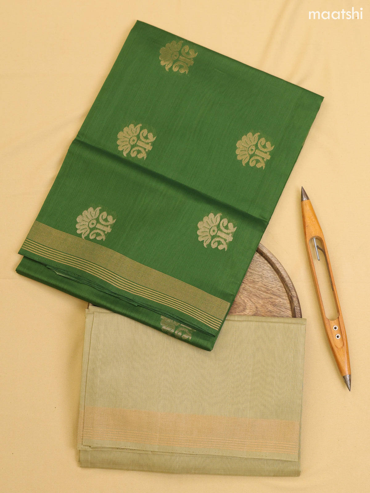 Green and Pastel Green Kora Silk Cotton Dress Material With Zari Buttas