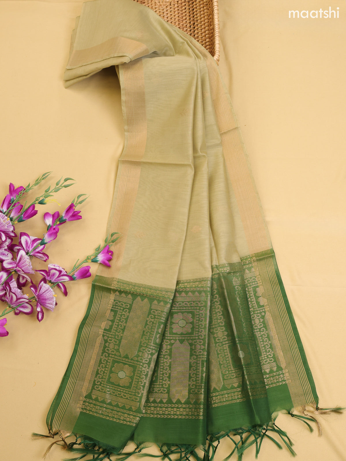 Green and Pastel Green Kora Silk Cotton Dress Material With Zari Buttas