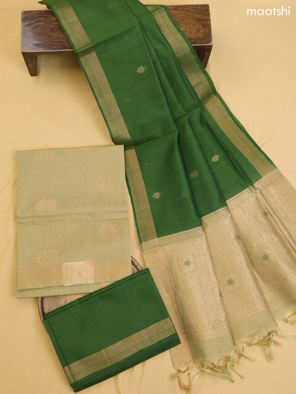 Pastel Green and Green Kora Silk Cotton Dress Material With Zari Buttas