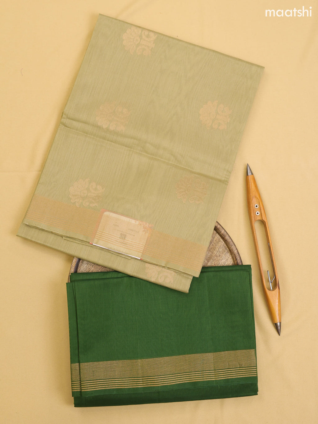 Pastel Green and Green Kora Silk Cotton Dress Material With Zari Buttas