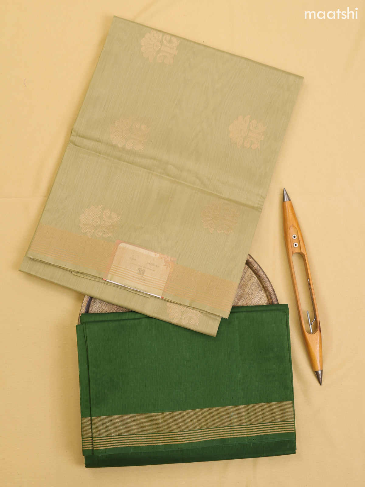 Pastel Green and Green Kora Silk Cotton Dress Material With Zari Buttas