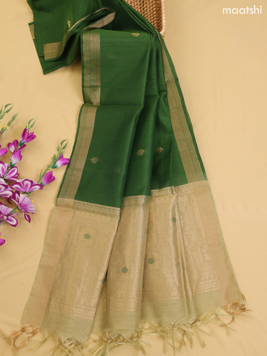 Pastel Green and Green Kora Silk Cotton Dress Material With Zari Buttas