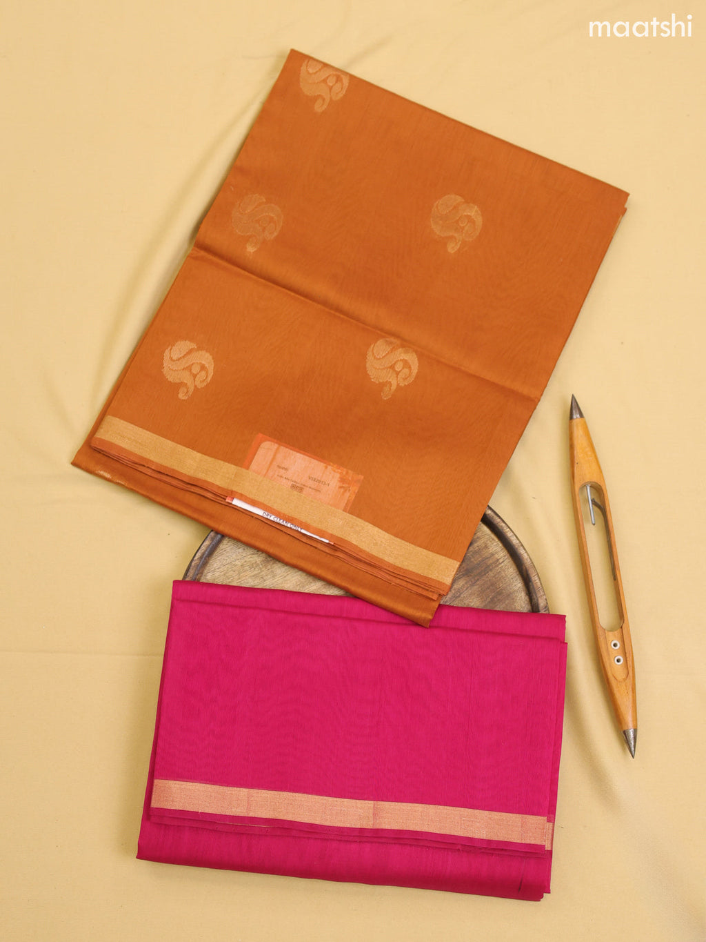 Dark Rust and Magenta Pink Kora Silk Cotton Dress Material With Zari Buttas