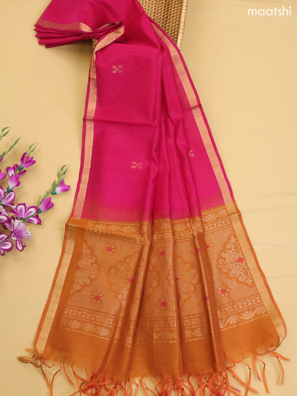 Dark Rust and Magenta Pink Kora Silk Cotton Dress Material With Zari Buttas