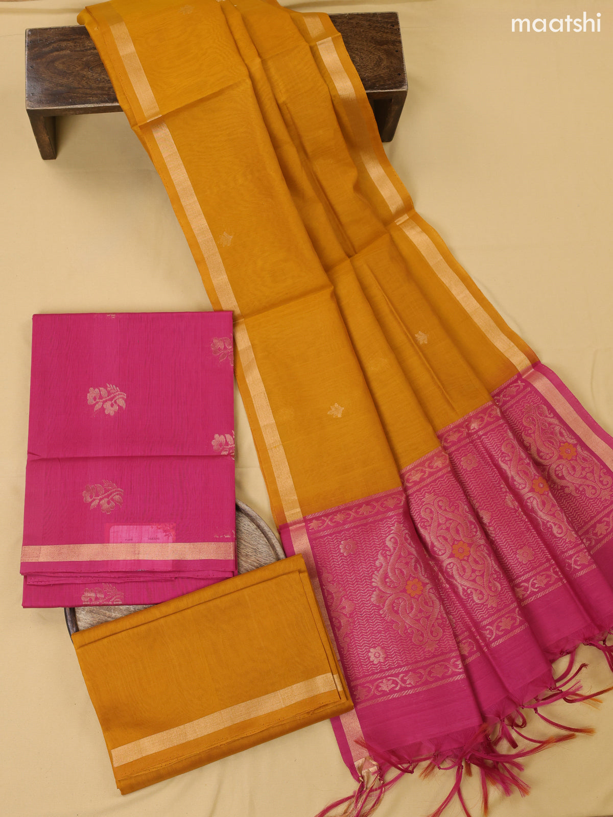 Pink and Mustard Kora Silk Cotton Dress Material With Zari Buttas