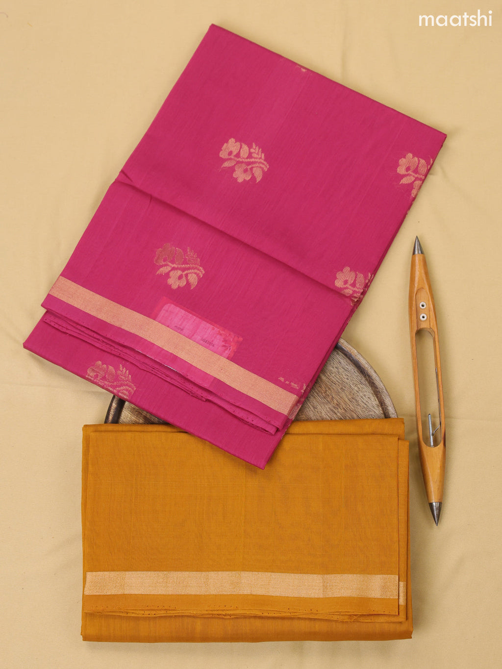 Pink and Mustard Kora Silk Cotton Dress Material With Zari Buttas