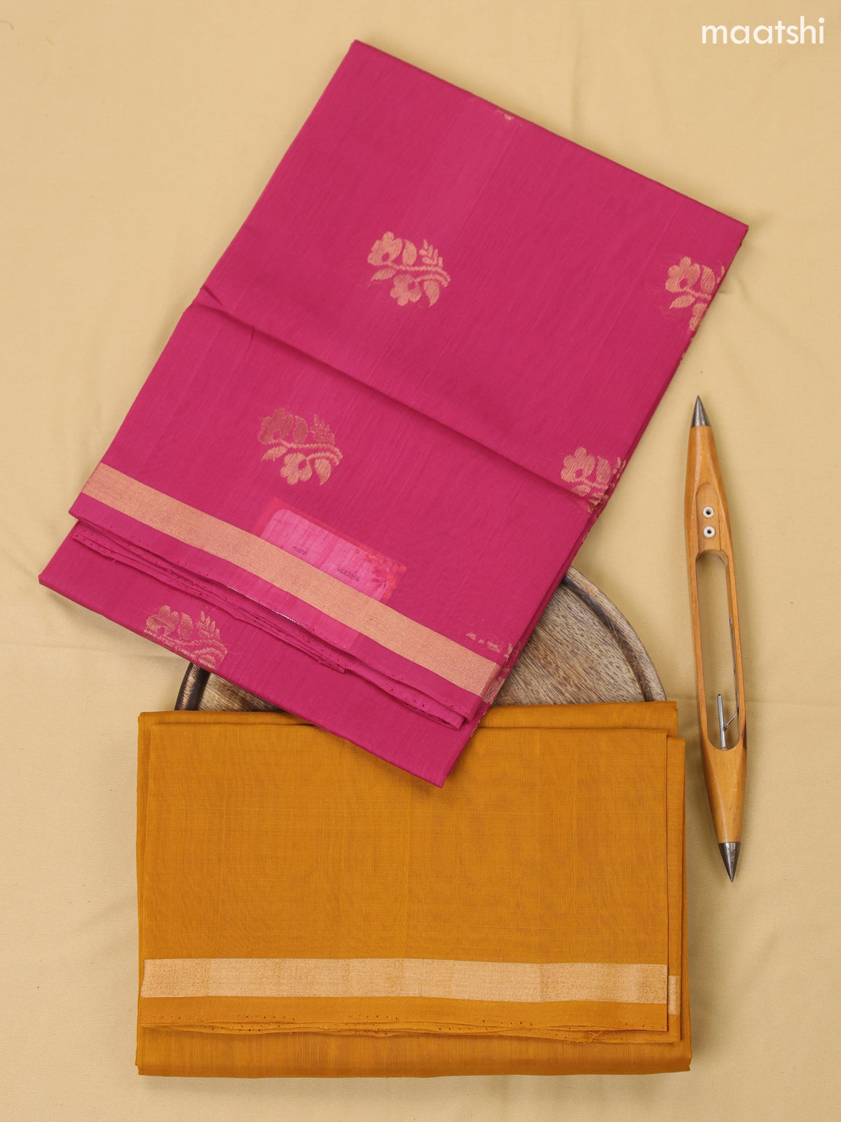 Pink and Mustard Kora Silk Cotton Dress Material With Zari Buttas