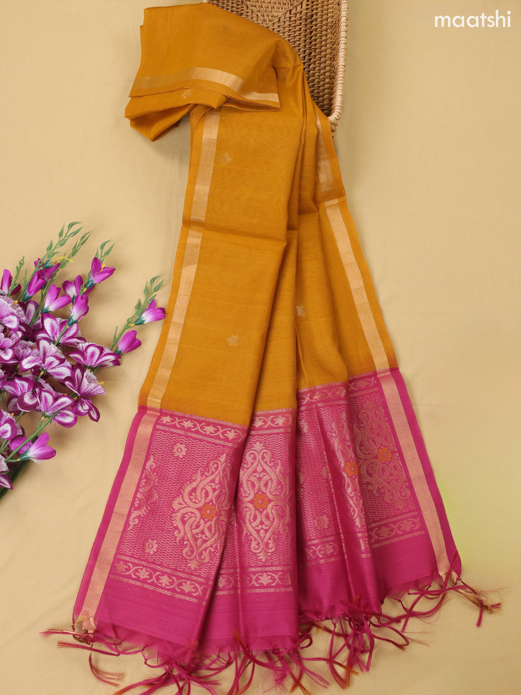 Pink and Mustard Kora Silk Cotton Dress Material With Zari Buttas