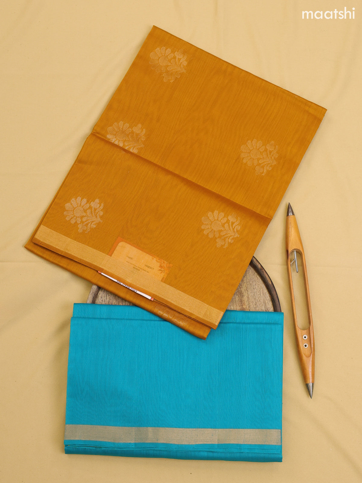 Mustard Yellow and Teal Blue Kora Silk Cotton Dress Material With Zari Buttas