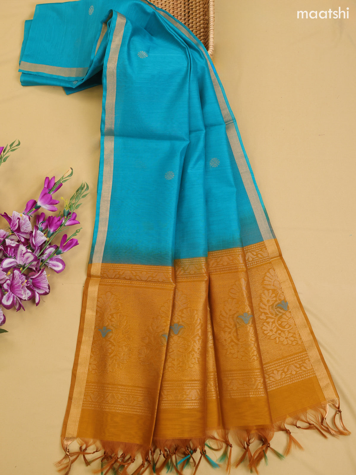Mustard Yellow and Teal Blue Kora Silk Cotton Dress Material With Zari Buttas