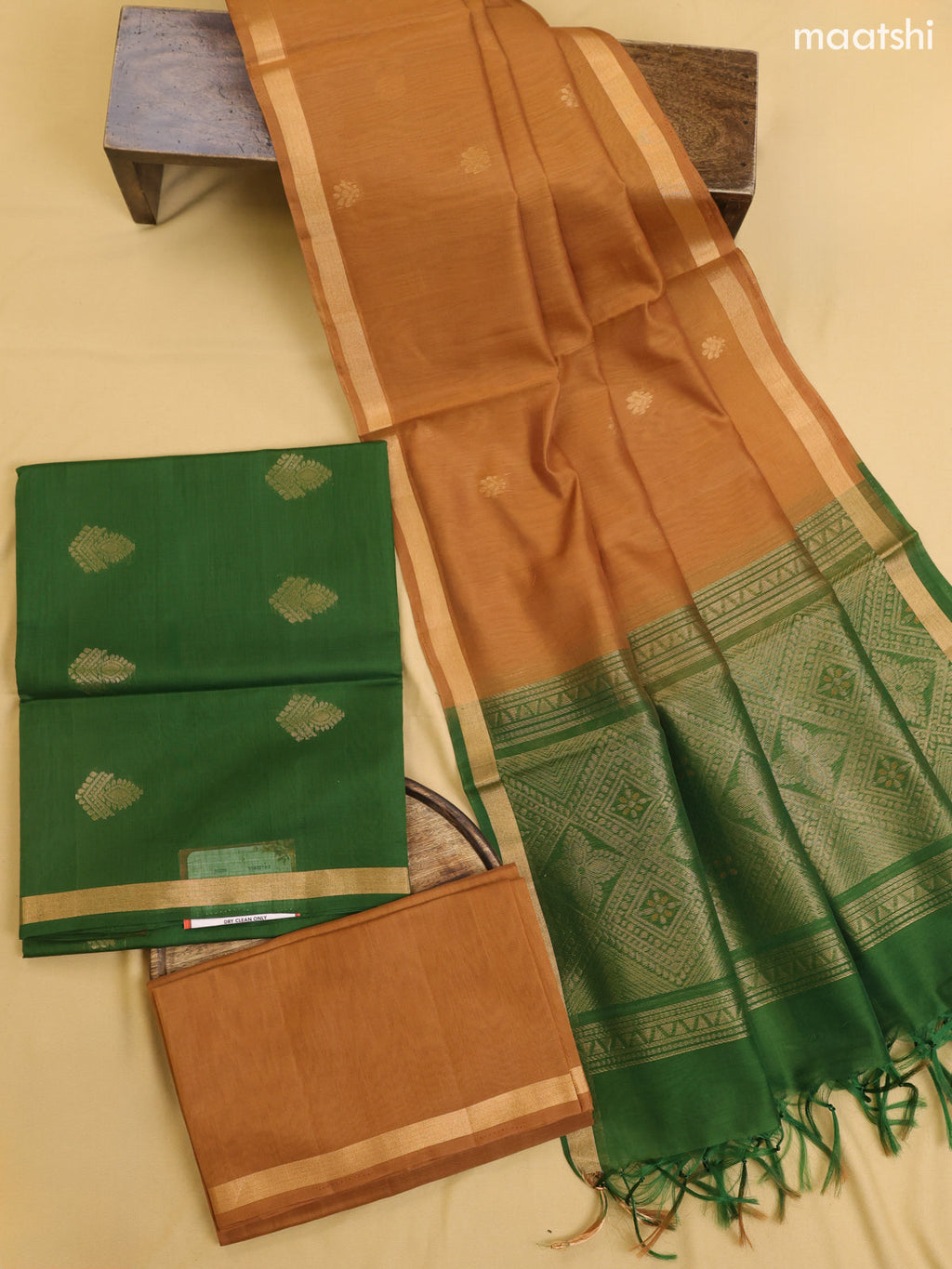 Green and Brown Kora Silk Cotton Dress Material With Zari Buttas
