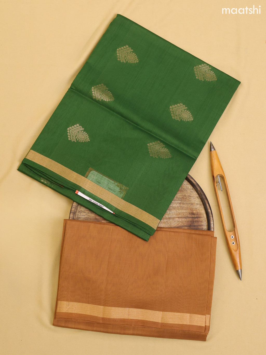 Green and Brown Kora Silk Cotton Dress Material With Zari Buttas