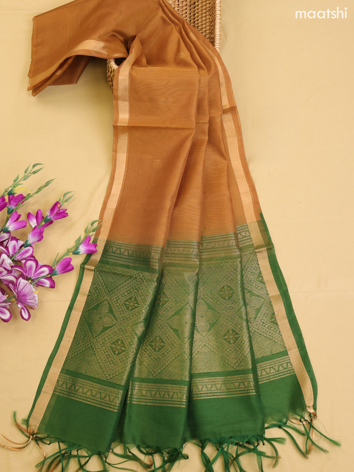 Green and Brown Kora Silk Cotton Dress Material With Zari Buttas