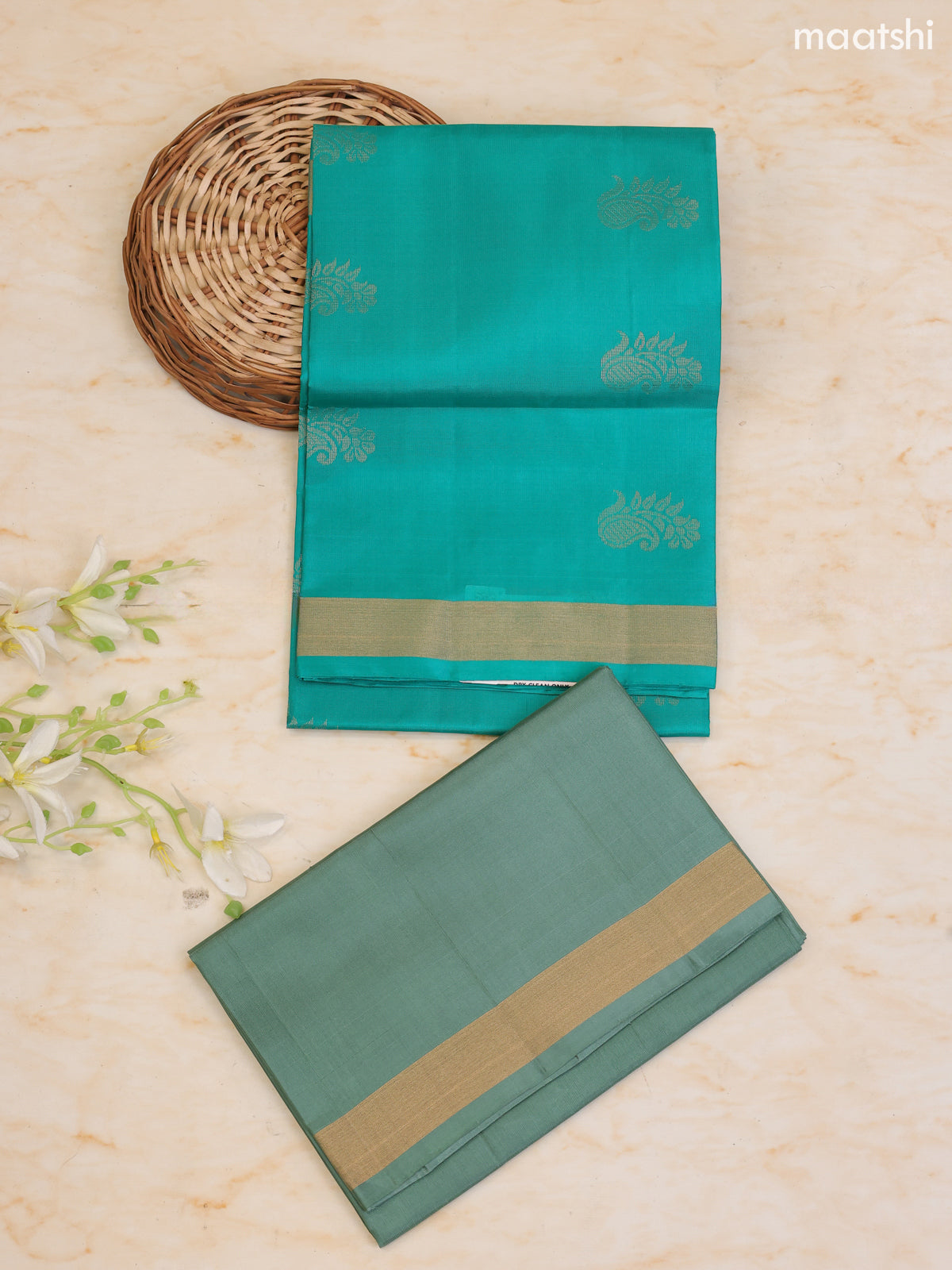 Teal Green and Light Green Pure Silk Dress Material With Zari Butta With and Bottom & Zari Dupatta