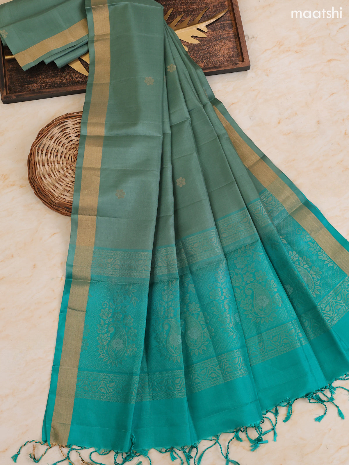 Teal Green and Light Green Pure Silk Dress Material With Zari Butta With and Bottom & Zari Dupatta