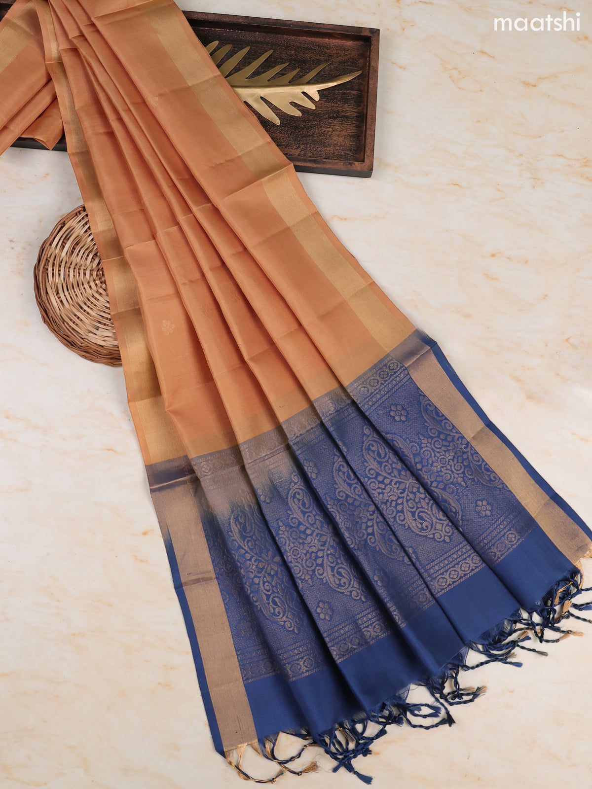 Navy Blue and Dark Sandal Pure Silk Dress Material With Zari Butta With and Bottom & Zari Dupatta