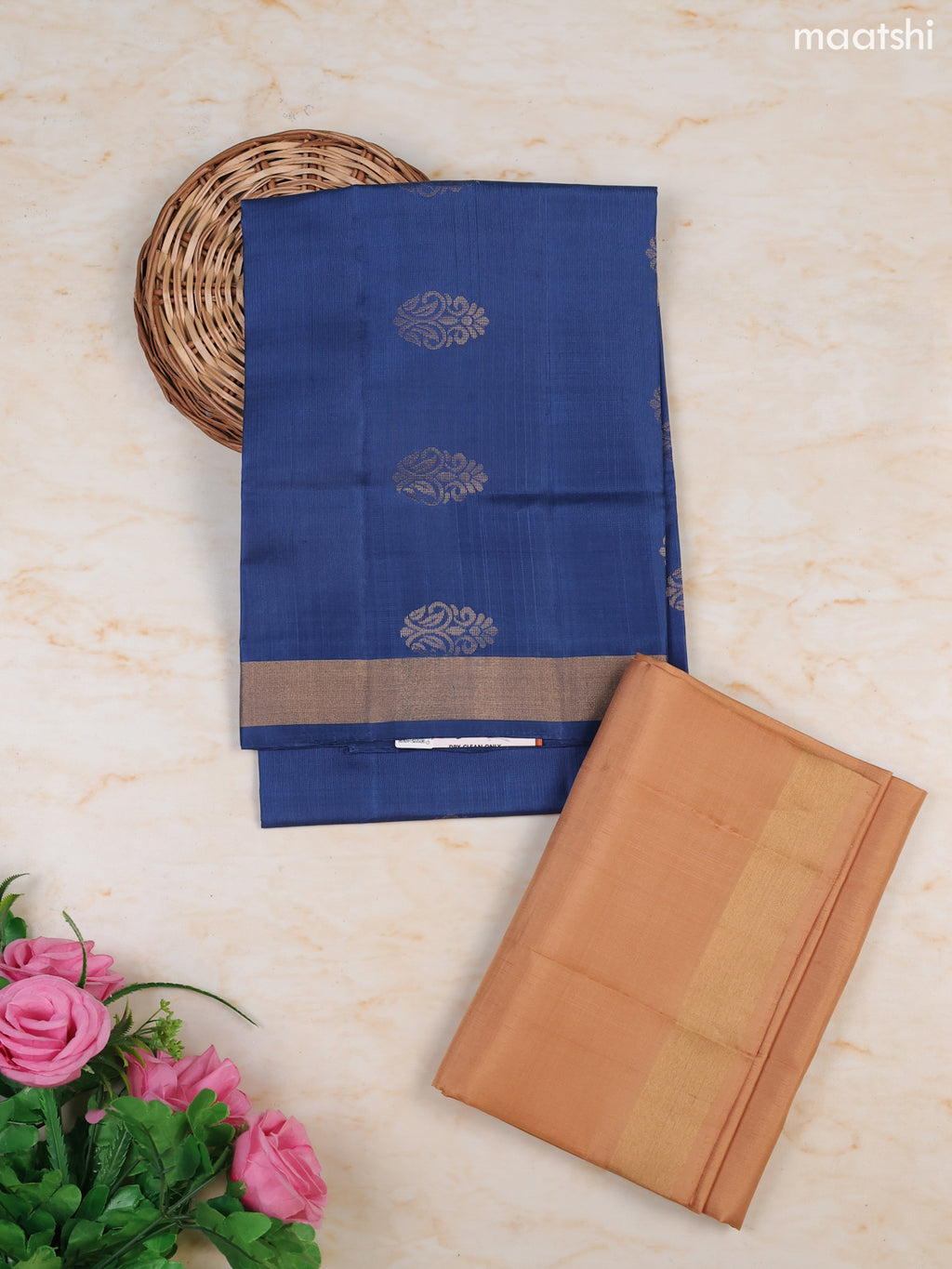 Navy Blue and Dark Sandal Pure Silk Dress Material With Zari Butta With and Bottom & Zari Dupatta