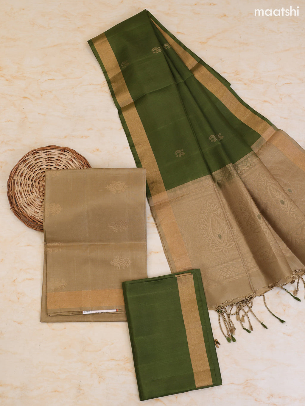 Beige and Green Pure Silk Dress Material With Zari Butta With and Bottom & Zari Dupatta