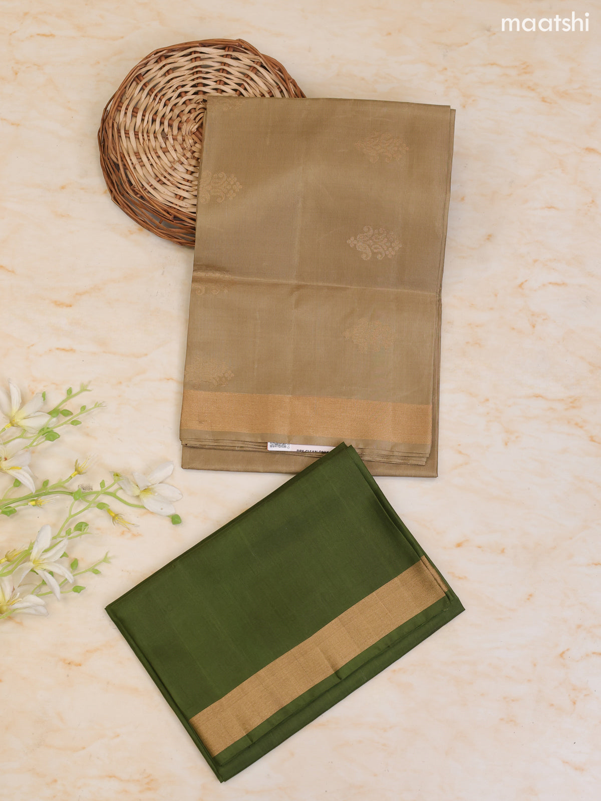 Beige and Green Pure Silk Dress Material With Zari Butta With and Bottom & Zari Dupatta