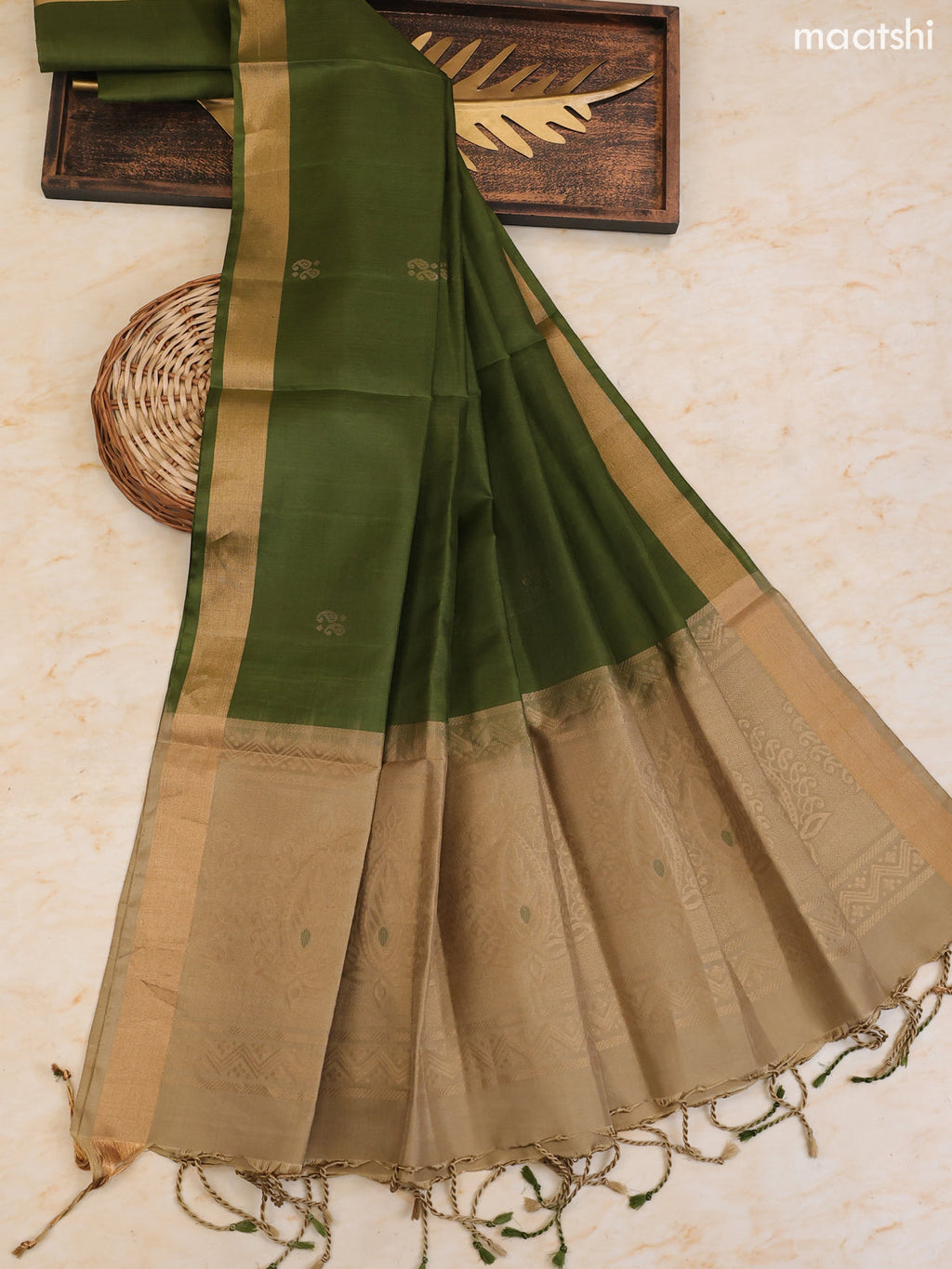 Beige and Green Pure Silk Dress Material With Zari Butta With and Bottom & Zari Dupatta