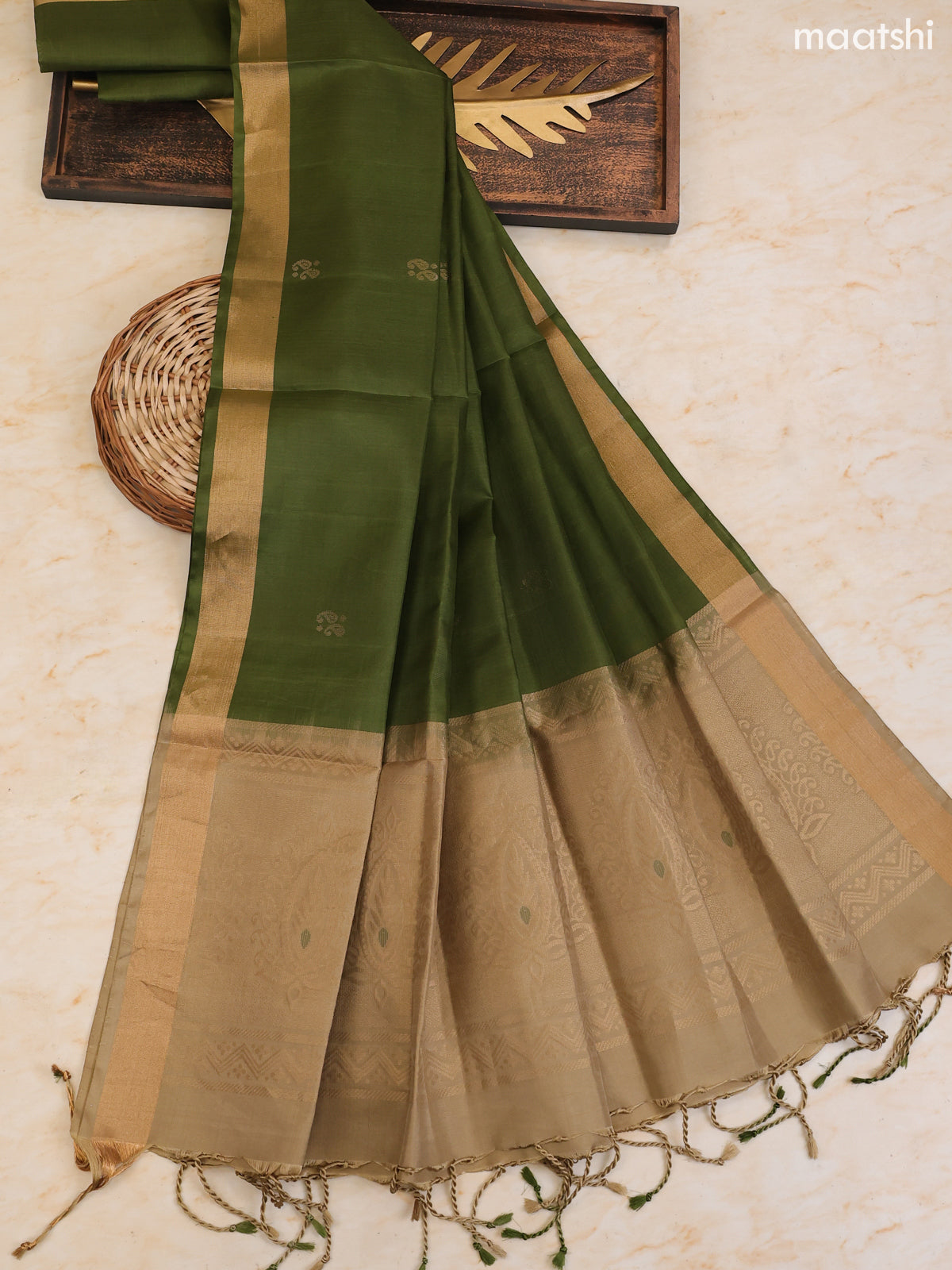 Beige and Green Pure Silk Dress Material With Zari Butta With and Bottom & Zari Dupatta