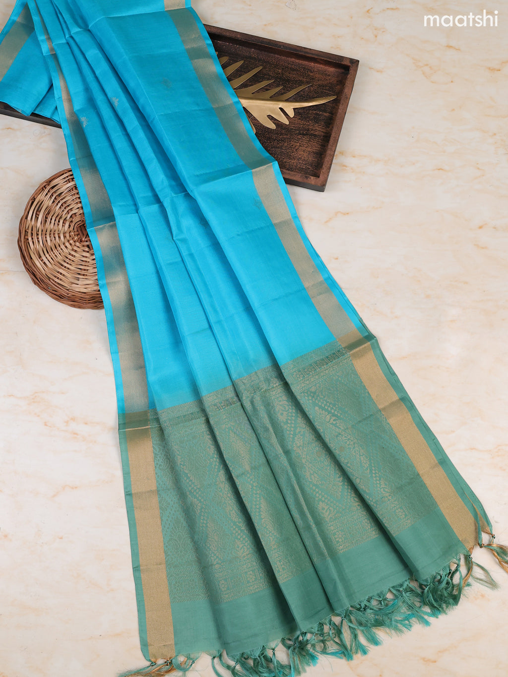 Teal Shade and Light Blue Pure Silk Dress Material With Zari Butta With and Bottom & Zari Dupatta