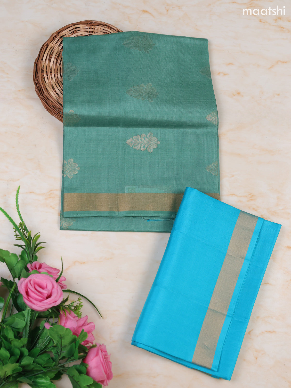 Teal Shade and Light Blue Pure Silk Dress Material With Zari Butta With and Bottom & Zari Dupatta
