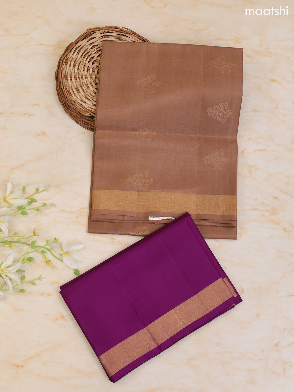 Brown Shade and Purple Pure Silk Dress Material With Zari Butta With and Bottom & Zari Dupatta