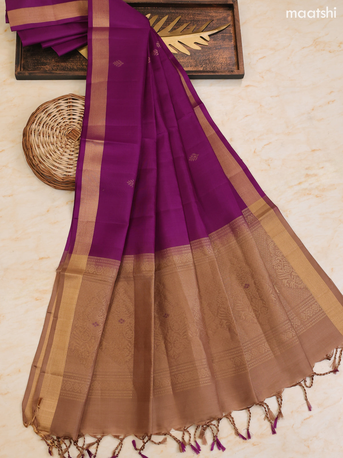 Brown Shade and Purple Pure Silk Dress Material With Zari Butta With and Bottom & Zari Dupatta