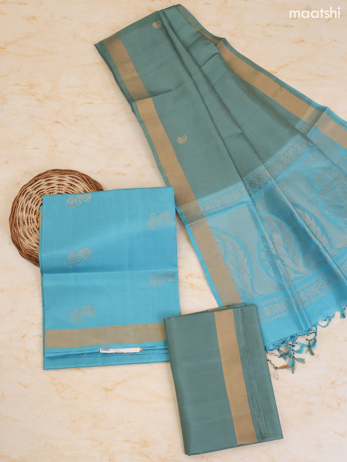 Light Blue and Pastel Blue Pure Silk Dress Material With Zari Butta With and Bottom & Zari Dupatta