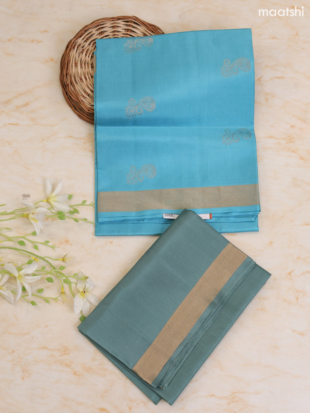 Light Blue and Pastel Blue Pure Silk Dress Material With Zari Butta With and Bottom & Zari Dupatta