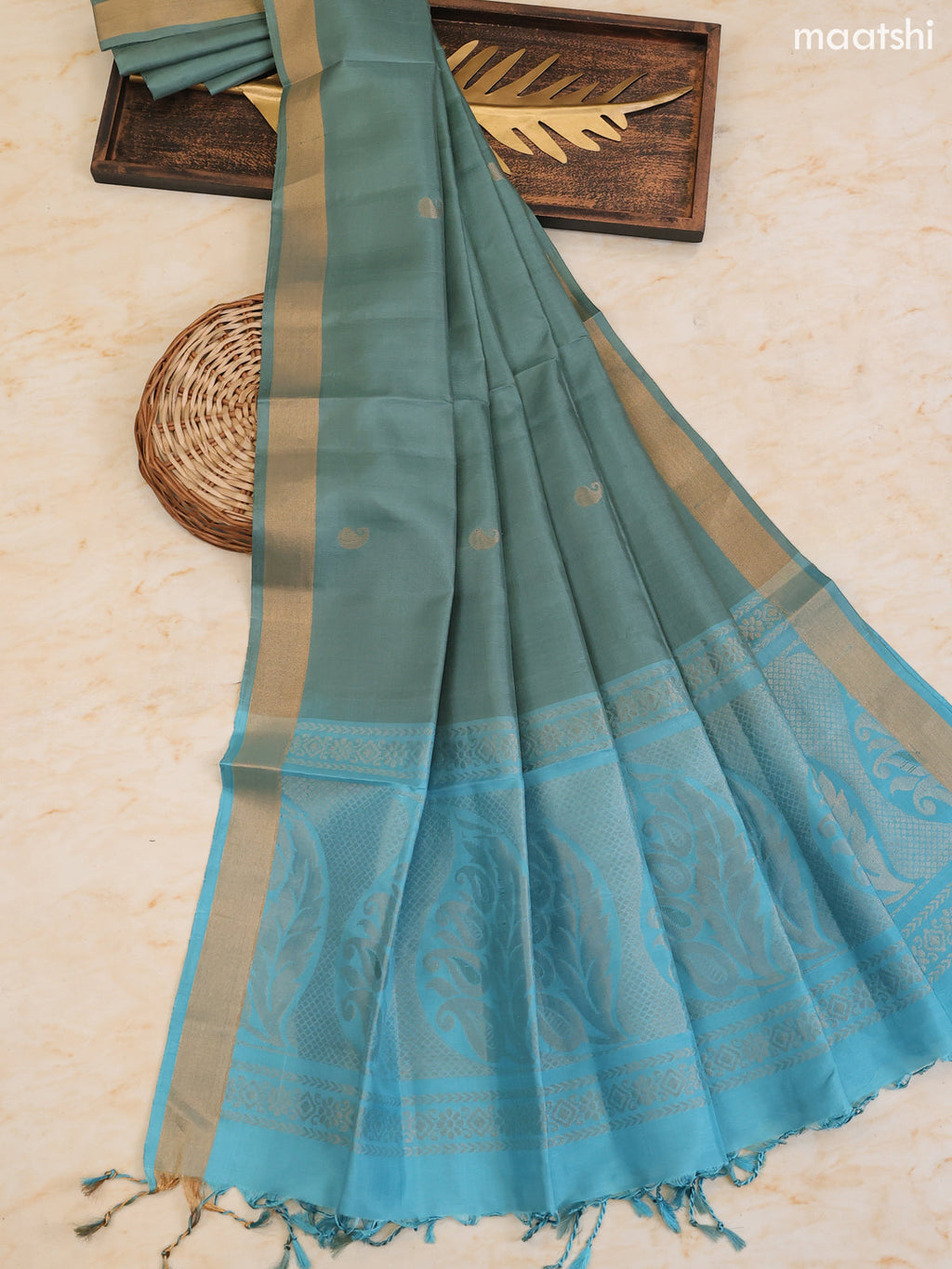 Light Blue and Pastel Blue Pure Silk Dress Material With Zari Butta With and Bottom & Zari Dupatta