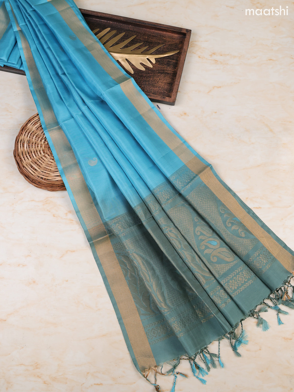 Pastel Blue and Cs Blue Pure Silk Dress Material With Zari Butta With and Bottom & Zari Dupatta