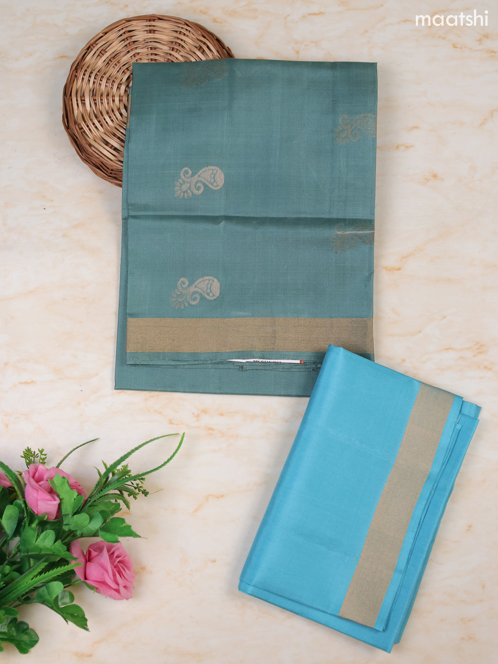Pastel Blue and Cs Blue Pure Silk Dress Material With Zari Butta With and Bottom & Zari Dupatta