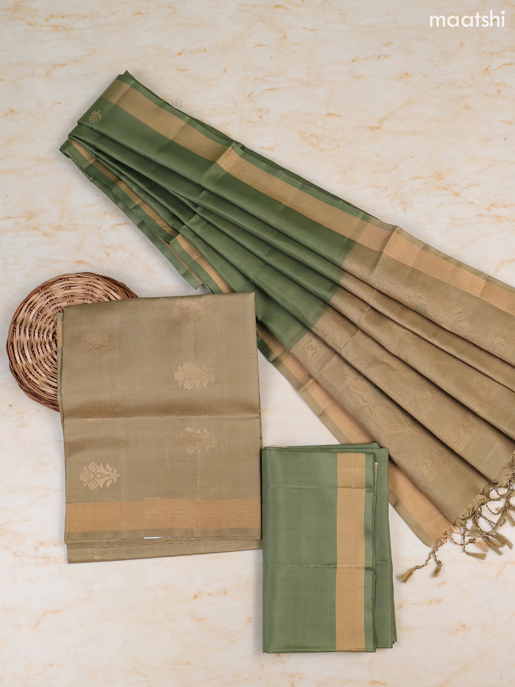Mehandi Green and Pastel Green Pure Silk Dress Material With Zari Butta With and Bottom & Zari Dupatta