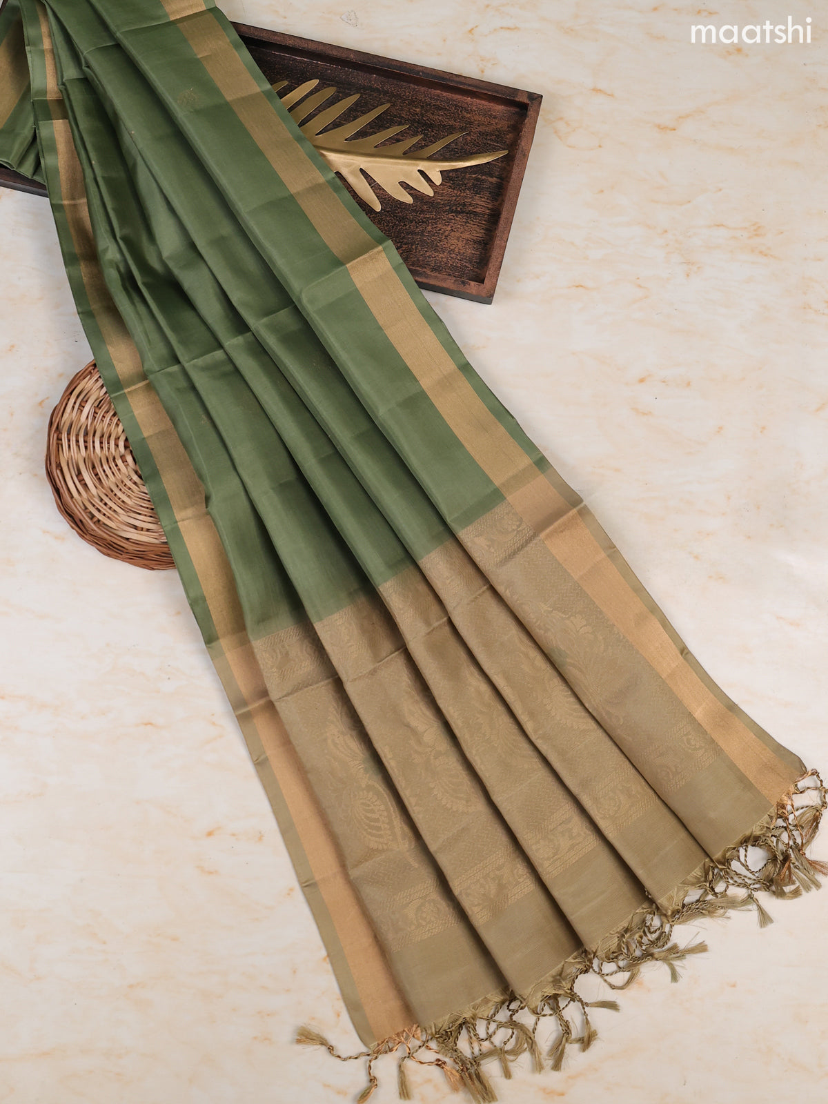 Mehandi Green and Pastel Green Pure Silk Dress Material With Zari Butta With and Bottom & Zari Dupatta
