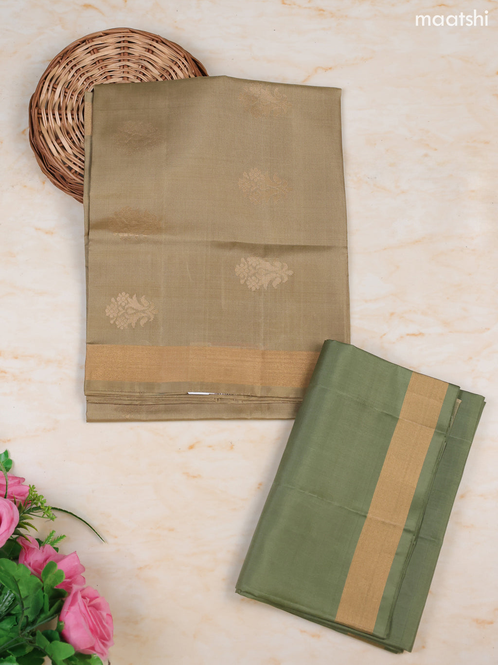 Mehandi Green and Pastel Green Pure Silk Dress Material With Zari Butta With and Bottom & Zari Dupatta