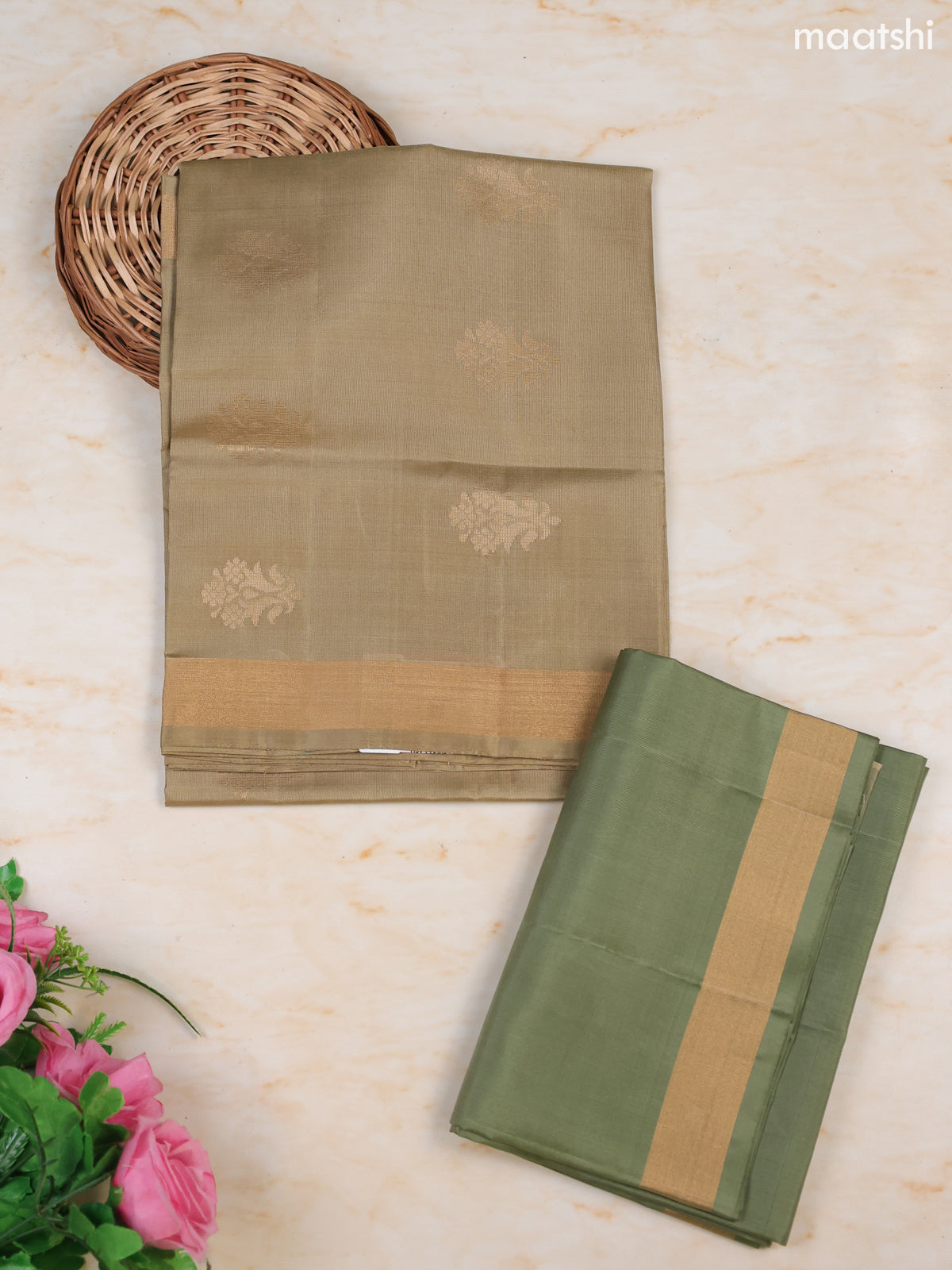 Mehandi Green and Pastel Green Pure Silk Dress Material With Zari Butta With and Bottom & Zari Dupatta
