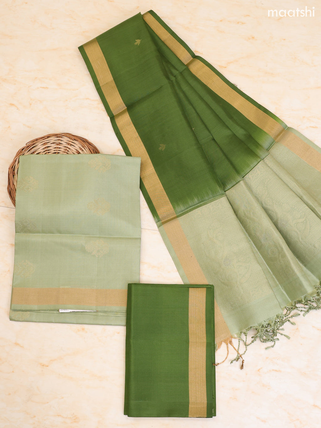 Pastel Green and Green Pure Silk Dress Material With Zari Butta With and Bottom & Zari Dupatta