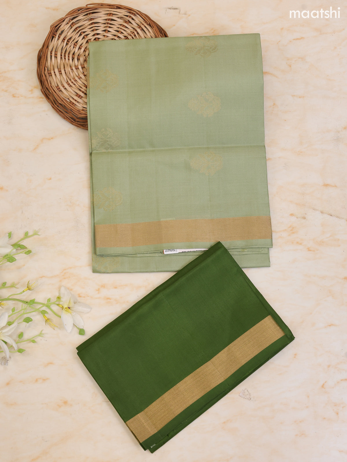 Pastel Green and Green Pure Silk Dress Material With Zari Butta With and Bottom & Zari Dupatta