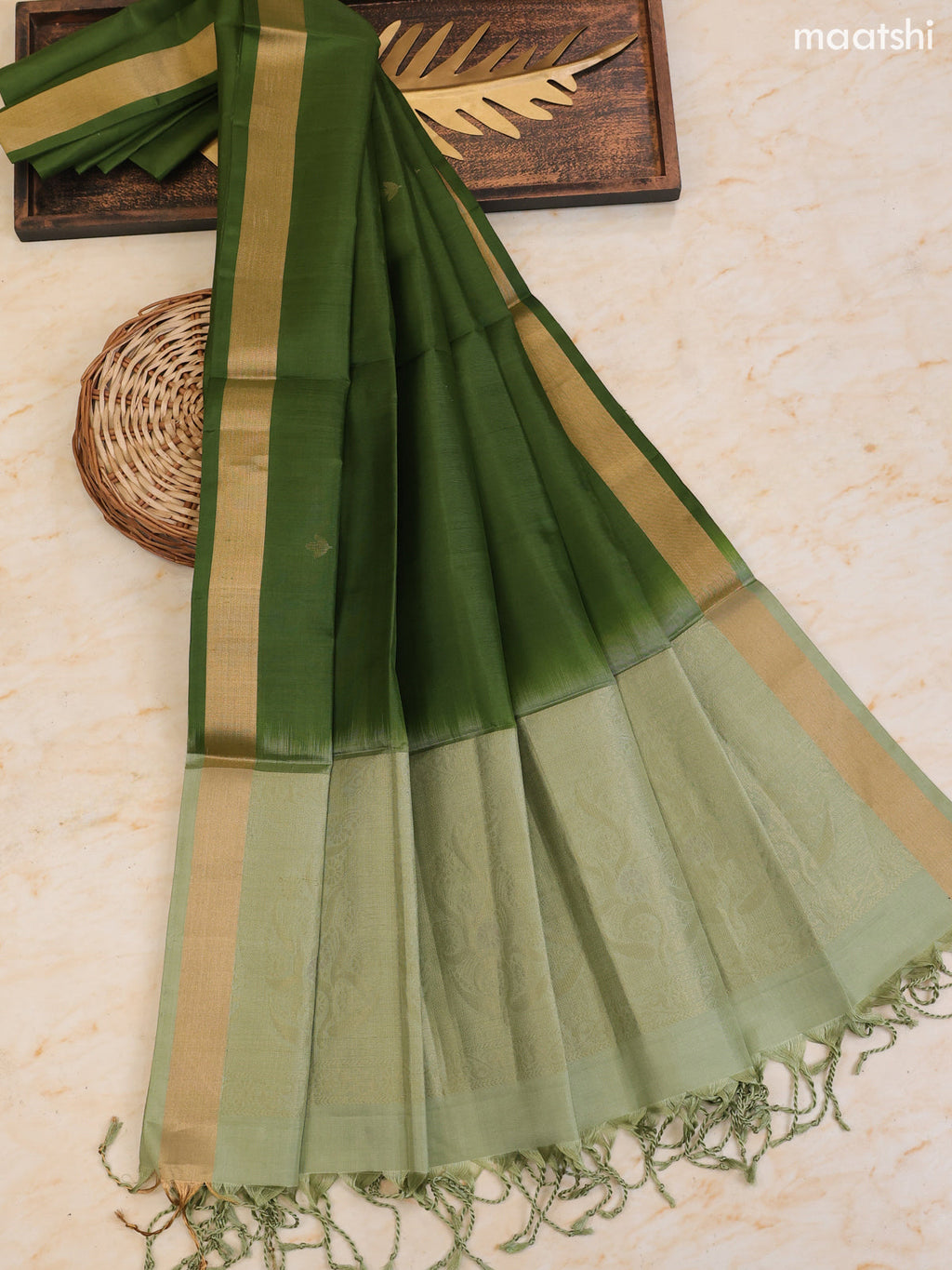 Pastel Green and Green Pure Silk Dress Material With Zari Butta With and Bottom & Zari Dupatta