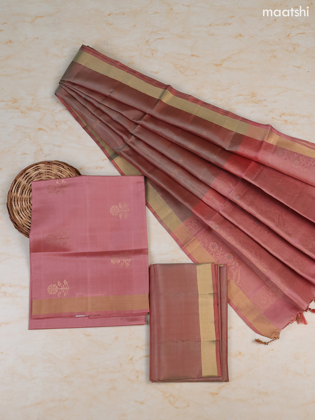 Mauve Pink and Grey Shade Pure Silk Dress Material With Zari Butta With and Bottom & Zari Dupatta