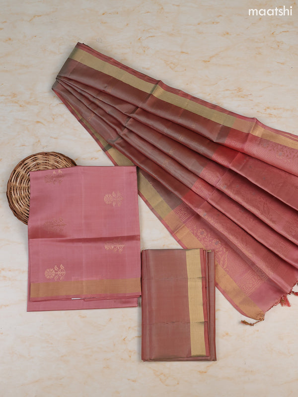 Mauve Pink and Grey Shade Pure Silk Dress Material With Zari Butta With and Bottom & Zari Dupatta