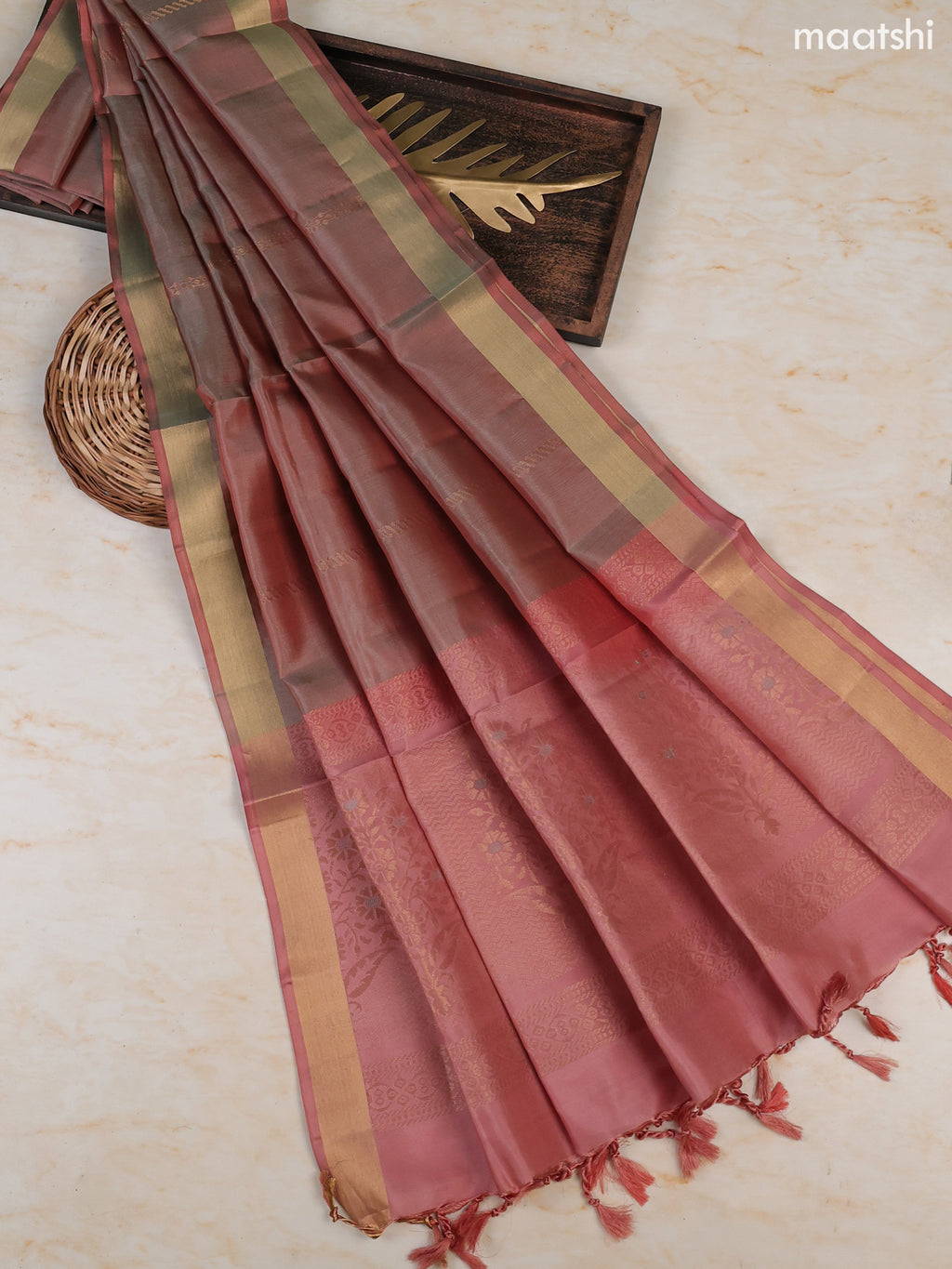 Mauve Pink and Grey Shade Pure Silk Dress Material With Zari Butta With and Bottom & Zari Dupatta