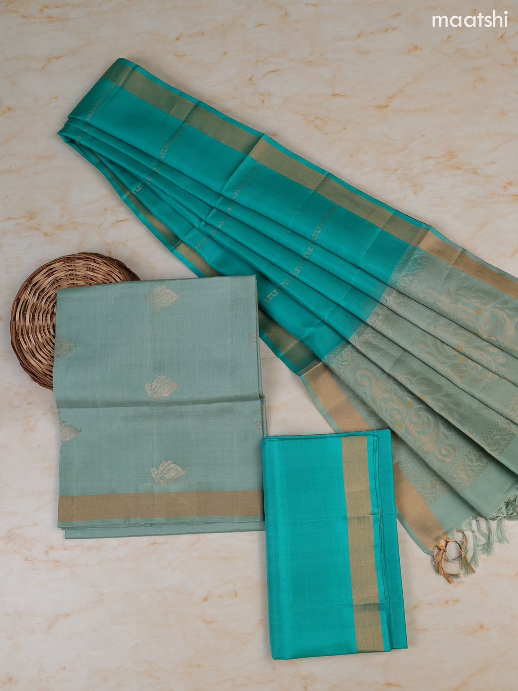 Teal Shade and Teal Green Pure Silk Dress Material With Zari Butta With and Bottom & Zari Dupatta