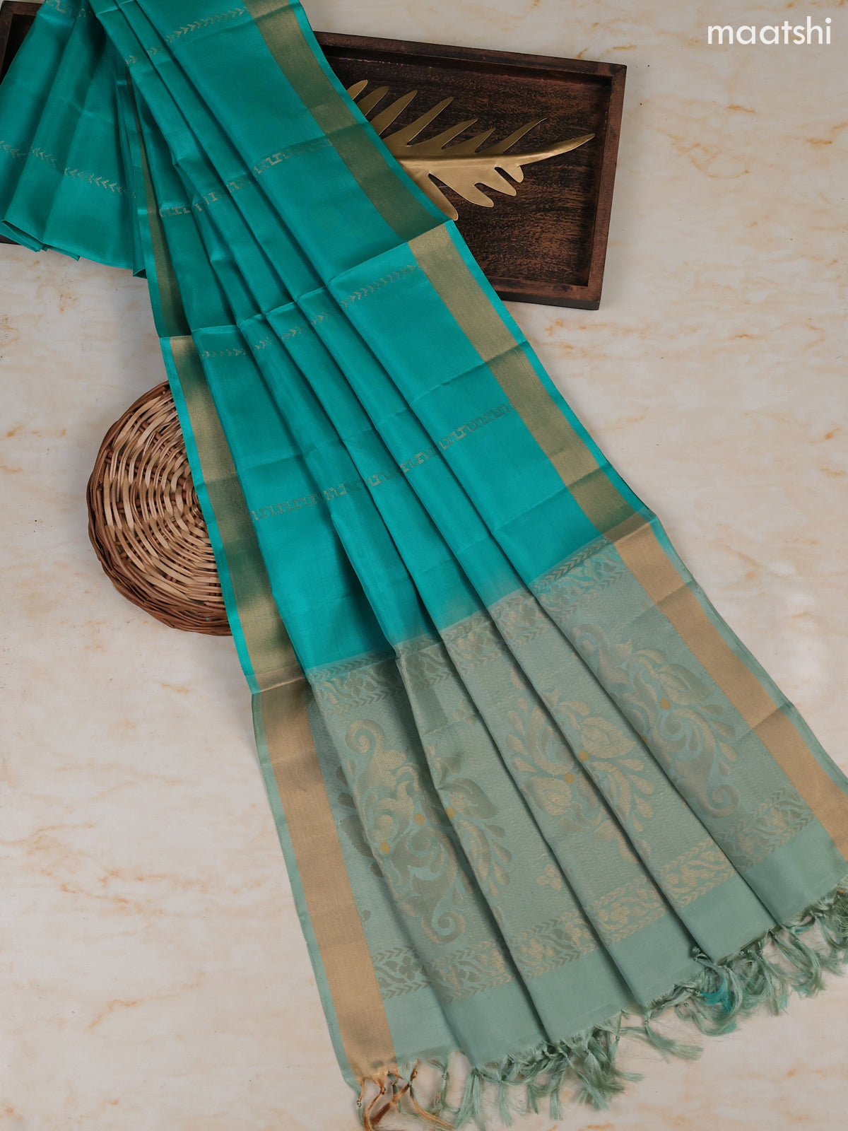 Teal Shade and Teal Green Pure Silk Dress Material With Zari Butta With and Bottom & Zari Dupatta
